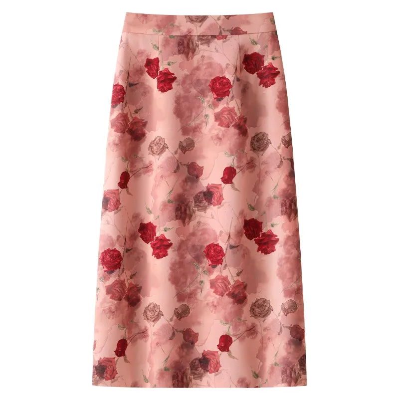 Elegant Purple Rose Print Pencil Skirt Women 2025 Summer New High Waist Office Midi Skirt Slim Fit Straight Cut for Party Travel