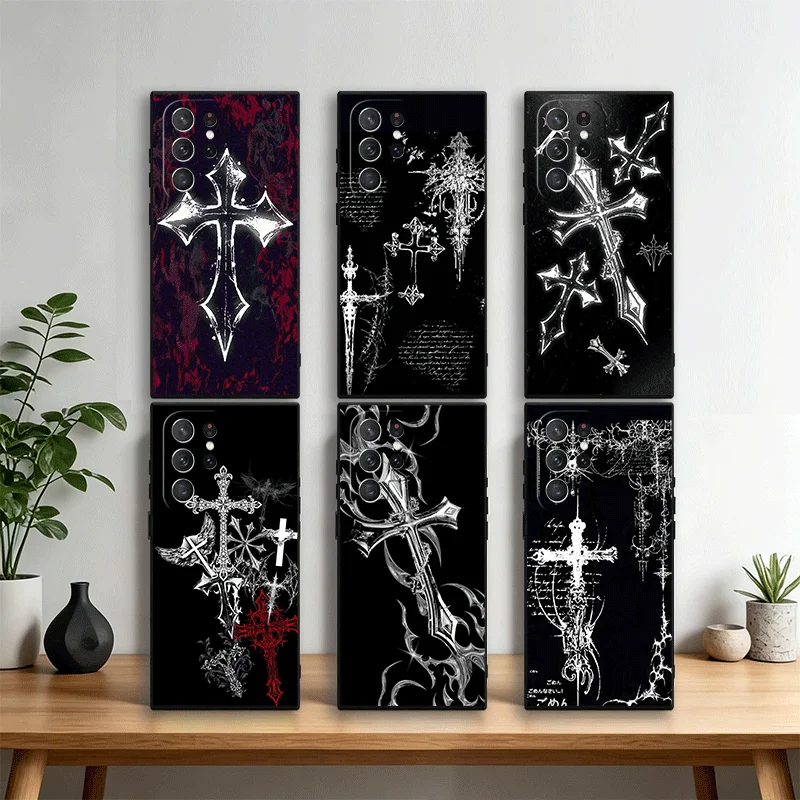 Gothic Cyber Sigil Cross Phone Case Cover for Samsung Galaxy S22 S23 Plus S24 FE S25 Edge S26 Ultra S20 S21 + Black Soft Shell
