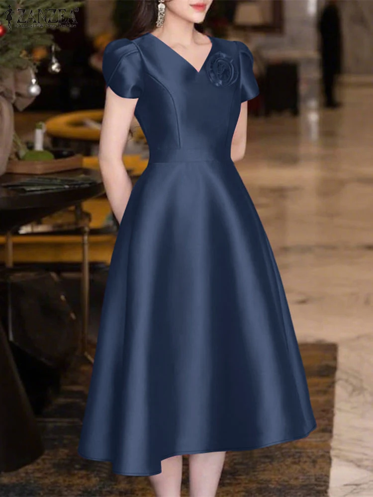 ZANZEA-Vestidos elegantes de flores para mujer, vestido de fiesta elegante con cuello en V, manga de pétalo, vestido veraniego de trabajo de satén liso, corte A, por debajo de la rodilla, 2025