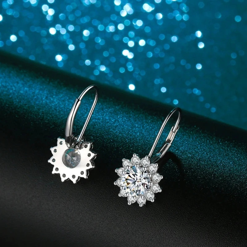 

S925 Sterling Silver Moissanite Sunflower Earrings, French Buckle Design, Classic Elegant Ear Hooks