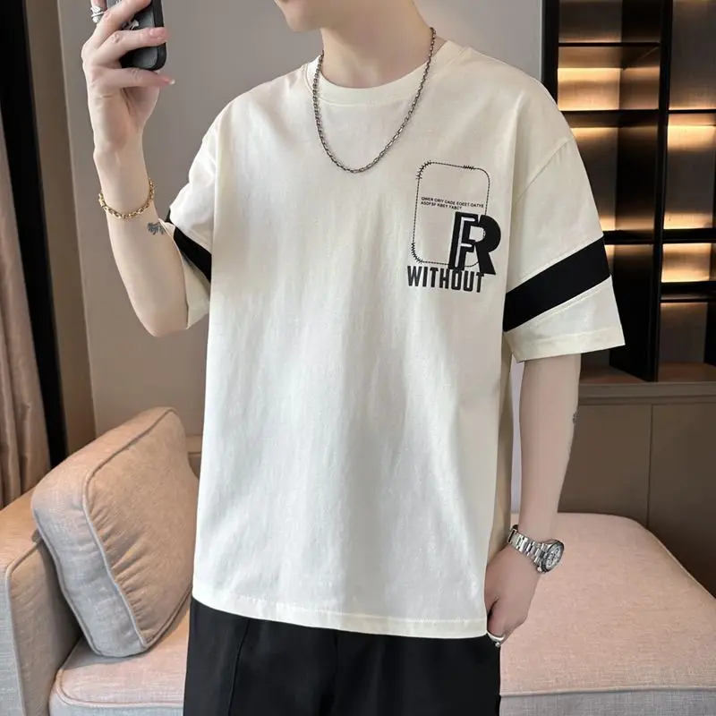 

Korean Round Neck Pullovers Summer Basic Letter Printed Men's Clothing Short Sleeve Casual Loose Stylish Embroidery T-shirts New