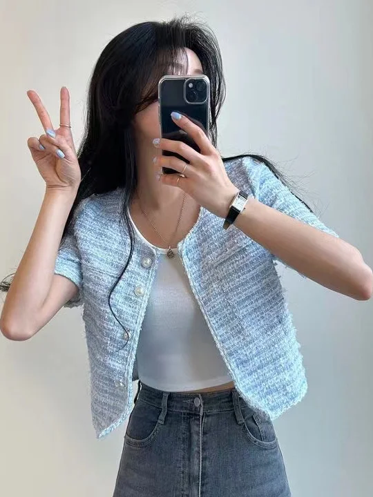 Verano 2025 Cárdigan Corto de Tejido ueso de Manga Corta Anti-UV para Mujer Estilo de Fragancia Pequeña de Colores Mixtos V...