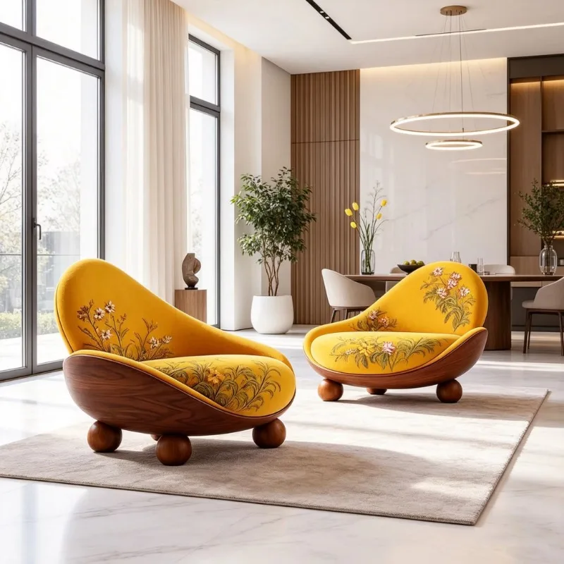 Flower embroidered yellow fabric leisure chair, solid wood shell base, environmentally friendly and durable