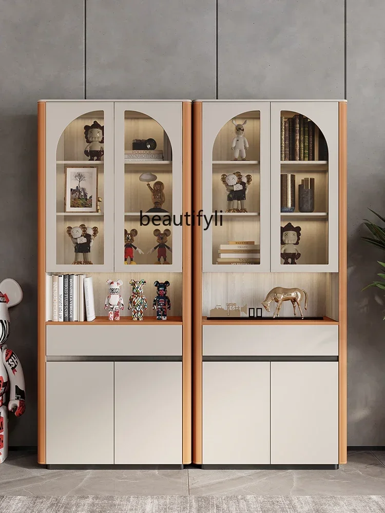 

Light Luxury Home Study Bookcase Saddle Leather Wall Display Cabinet Solid Wood Locker Storage Cabinet