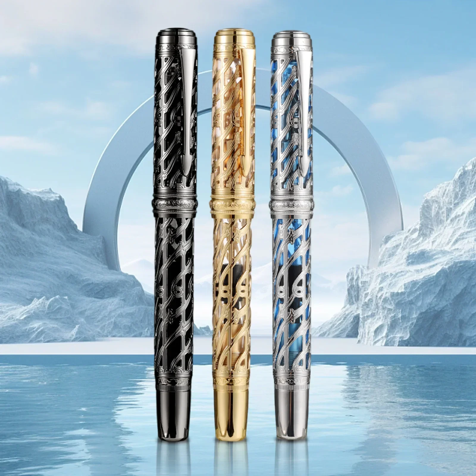 Hongdian A6 Piston Fountain Pen Skeleton Hollow Resin and Metal Writing Pen EF/F Nib School Office Gift Pen