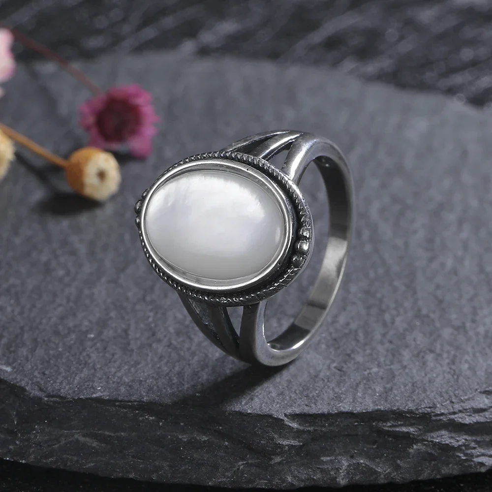 

925 Sterling Silver Jewelry Ring Black White Shell Vintage Ring For Women's Holiday Party Proposal Gift