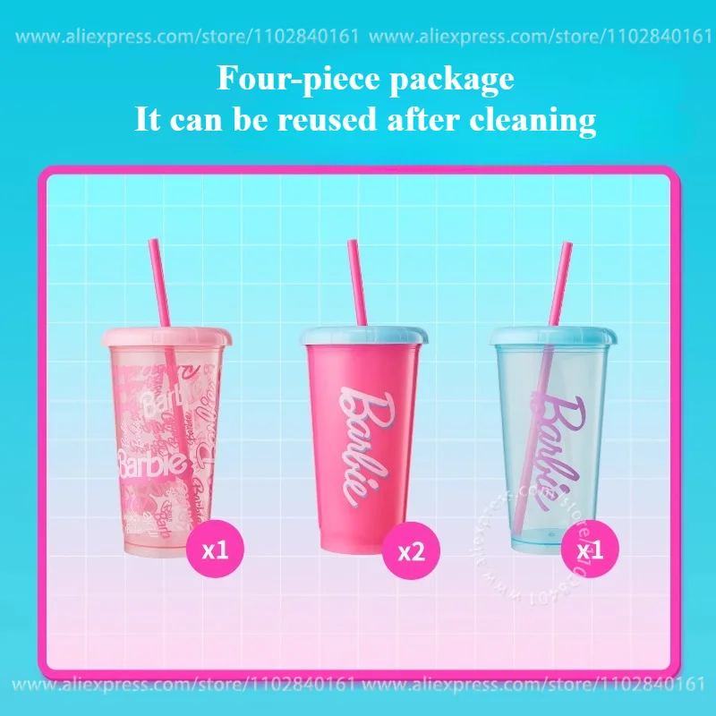 MINISO Barbie Straw Plastic Cup 4-piece Daylight Shine Series Home Office Study Party Birthday Gift Girlfriends Friends 520mL