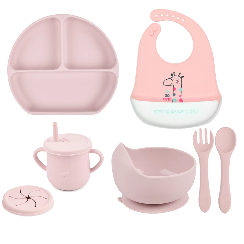 

7pcs/set Baby Tableware Soft Silicone Sucker Bowl Plate Cup Bibs Spoon Fork Sets Non-slip Children's Feeding Dishes BPA Free