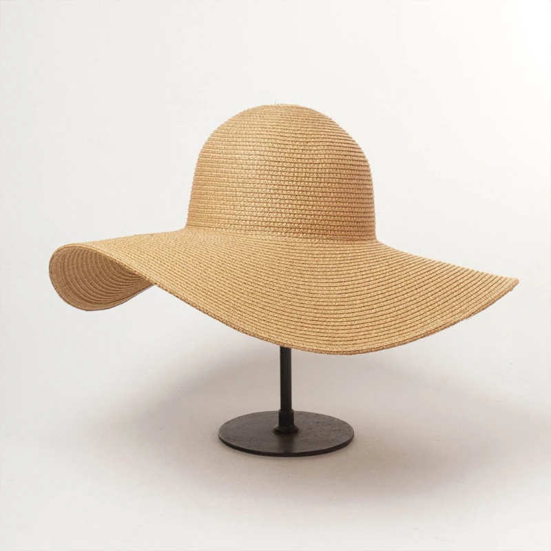 Summer Solid Color Fashion Rhinestone14cm Oversized Sun Hat Ladies Beach Sunscreen Straw Hat Travel Foldable Uv Panama Wholesale