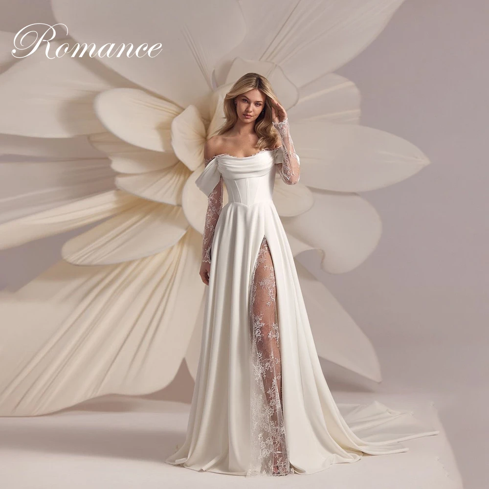 

Elegant Lace Boat-Neck A-Line Wedding Dress Women Pleat Off The Shoulder High Side Split Open Back Vestidos De Novia Customized