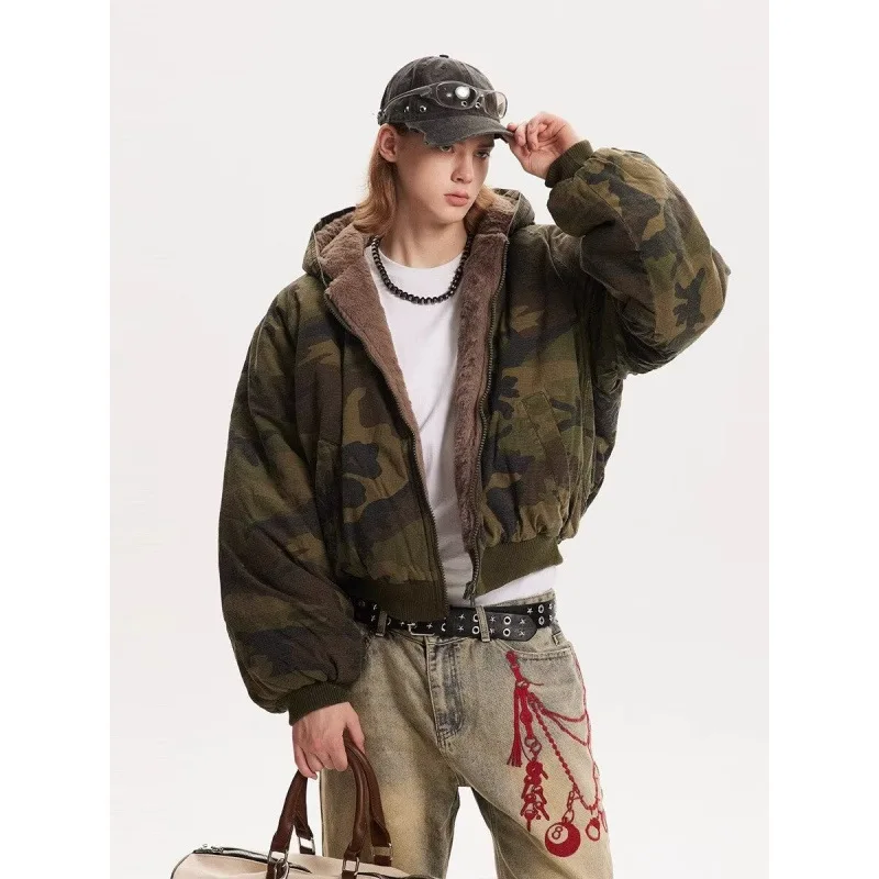 เสื้อแจ็คเก็ตมีฮู้ดลายพรางผู้ชาย, เสื้อโค้ทฤดูหนาว/ฤดูใบไม้ร่วงที่อบอุ่นกันลม, เสื้อโค้ทไฮสตรีทย้อนยุคสำหรับผู้ชาย