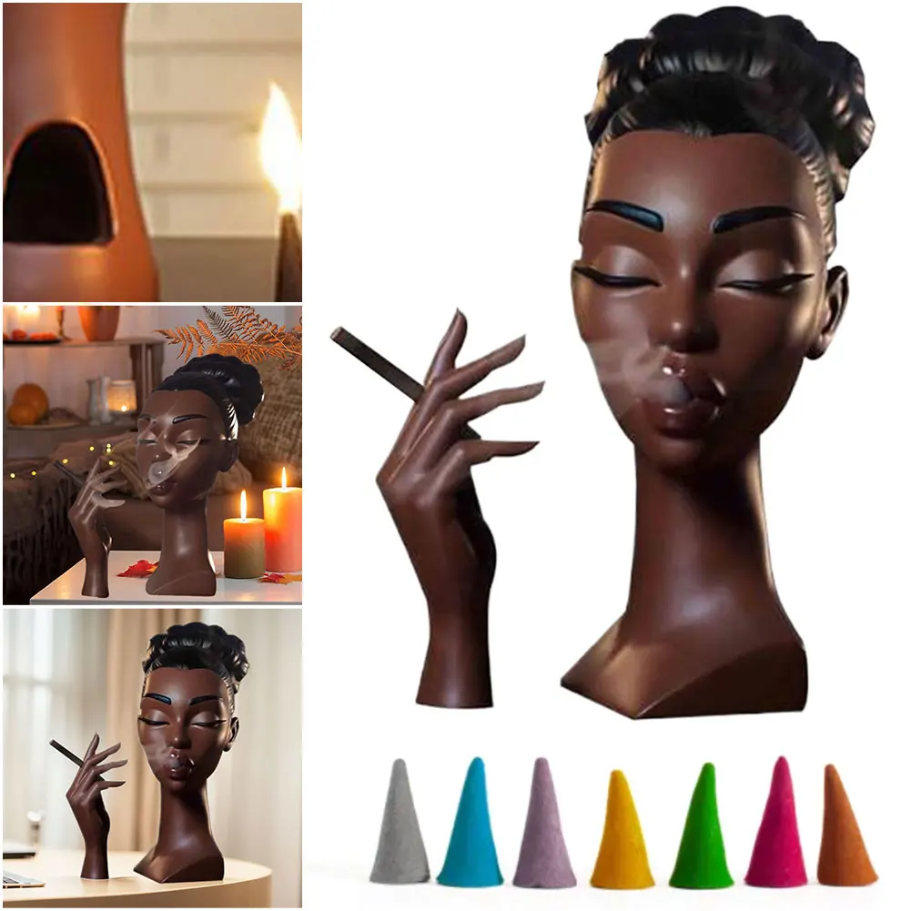 Elegant Women Head Incense Burner Black Women Face Resin Incense Stick Holder With 60Pcs  Incense Cones for Room Bedroom Office