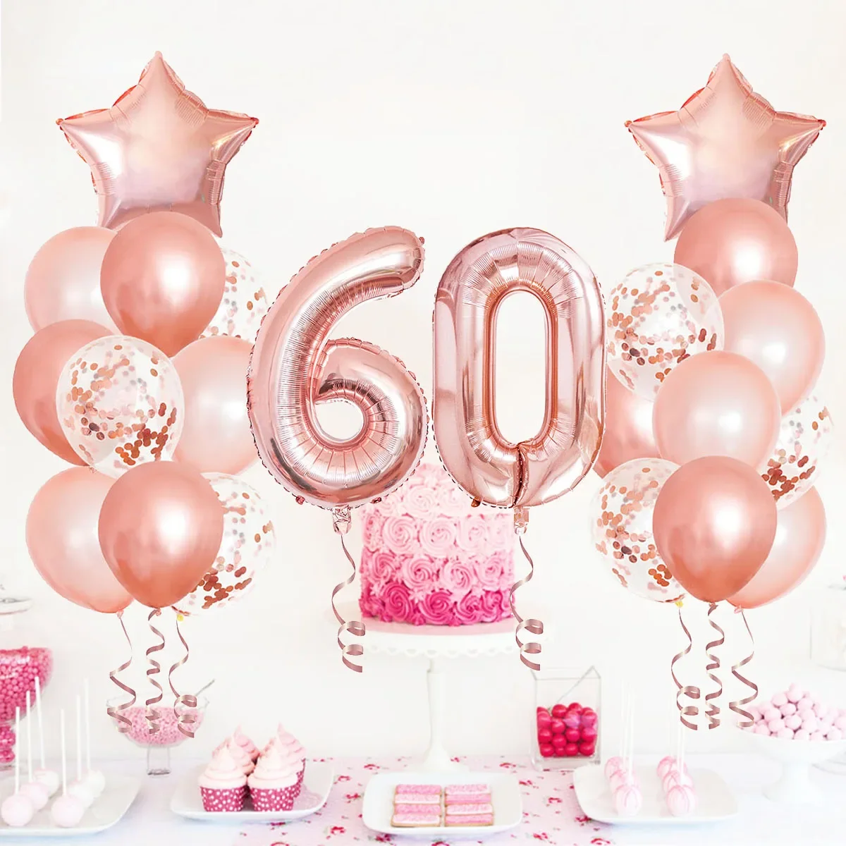 25pcs Rose Gold Mixed Balloons 60th Birthday Party Decorations, 60 Years Old Woman Birthday Decor Anniversary Balloon garland