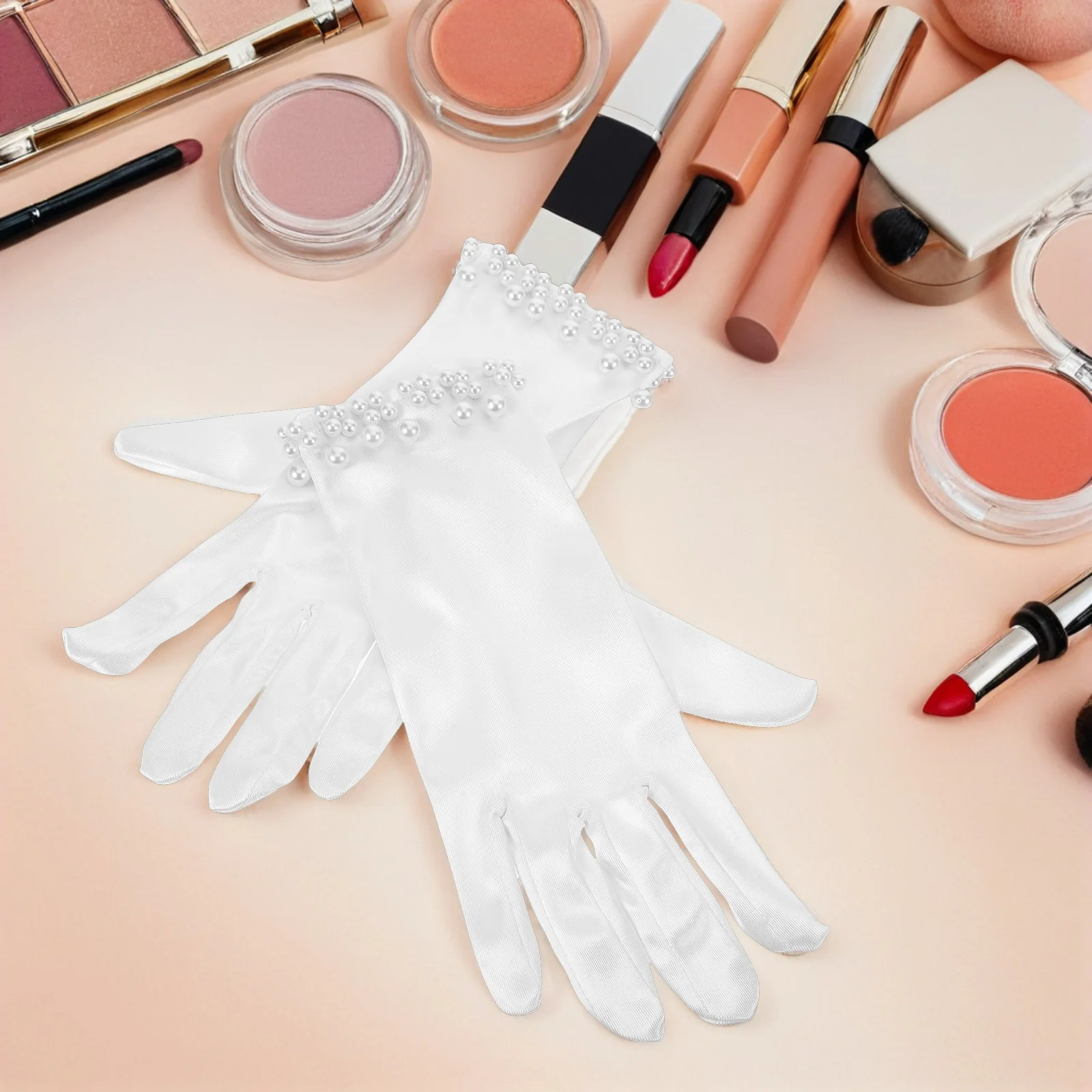 

1Pair Bridal Short Satin Gloves Vintage Faux Pearl Elegant Wedding Evening Party Gloves for Women Brides Gowns Dresses