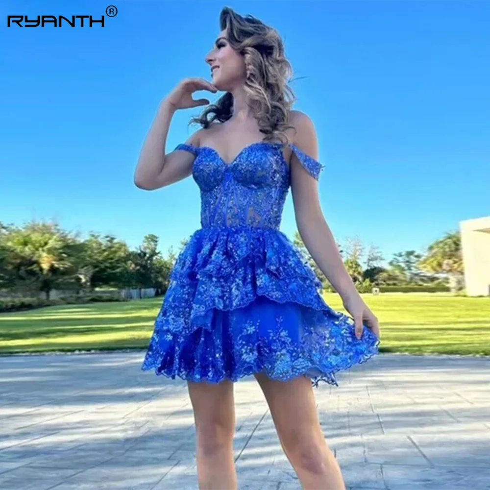 

Ryanth Off shoulder Lace Appliques Prom Dress Short Homecoming Dress V-Neck vestidos verano moda 2024 vestidos de noche