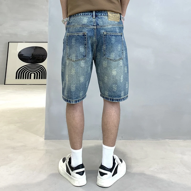 

Men's Denim Shorts2024Summer New Fashion Printed Pants Loose Personality All-Matching Fashion Brand Korean Style Fifth Pants