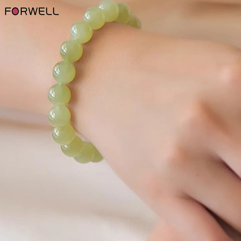 

FORWELL Natural Hotan Jade Bracelet 8-12mm Clear Water Jade Beads for Women And Men Jadeite Bead Wristband