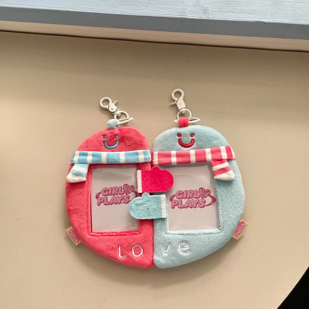 Kawaii original Couple CP Love Heart Soft Plush 3 inch Kpop Photocard Holder Photo Idol card sleeve pendant School Stationery