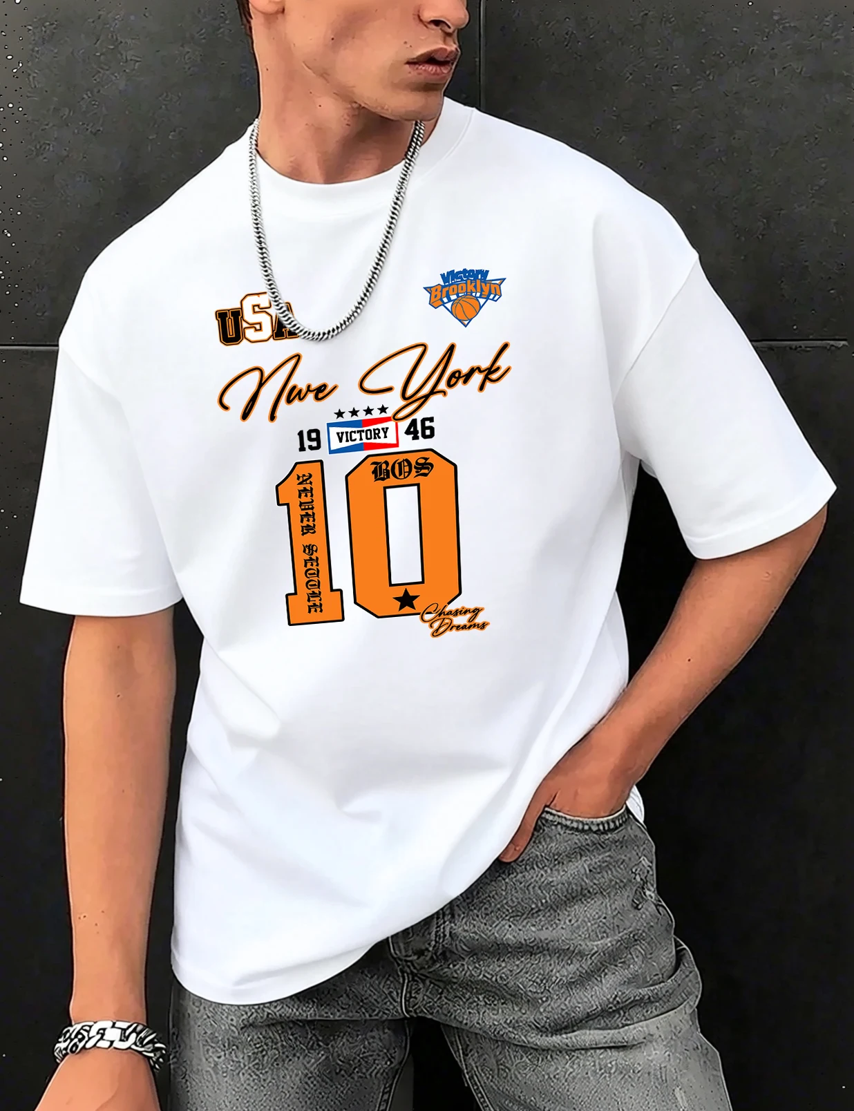 T-shirt imprimé Victory pour homme, style streetwear, en coton doux et respirant, coupe ample et décontractée, basique et confortable, pour l'été, USA New York Brooklyn