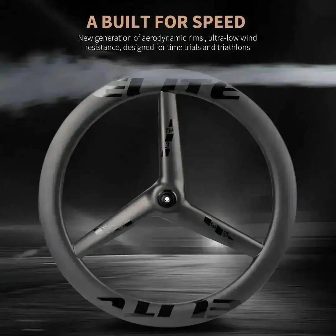 Zestaw kół ELITEWHEELS FLOW RFC-PRO TT 3 Spoke z hamulcami tarczowymi, koła 700c, opony clincher i tubeless, aerodynamiczne obręcze karbonowe, system zaciskowy, piasta Center Lock.