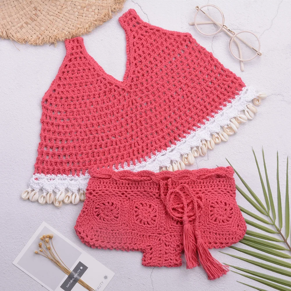 DIY Hand Crocheted Shell Vest Girl Beach Holiday Strap Adjustment Square Pants Children's Swimsuit.