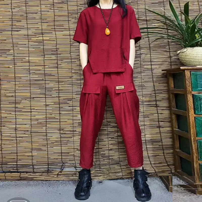 女性用半袖ラウンドネックTシャツ,ロングパンツ,無地,ポケット付き,スポーティなスタイル,夏服,新しい2023コレクション