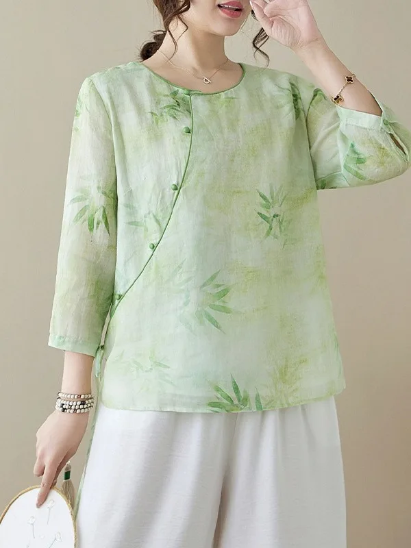 

Ретро-топ из хлопка и льна с принтом в китайском стиле, больших размеров, женский, с асимметричным рукавом, круглым вырезом, повседневный, свободный, летний, для чаепития