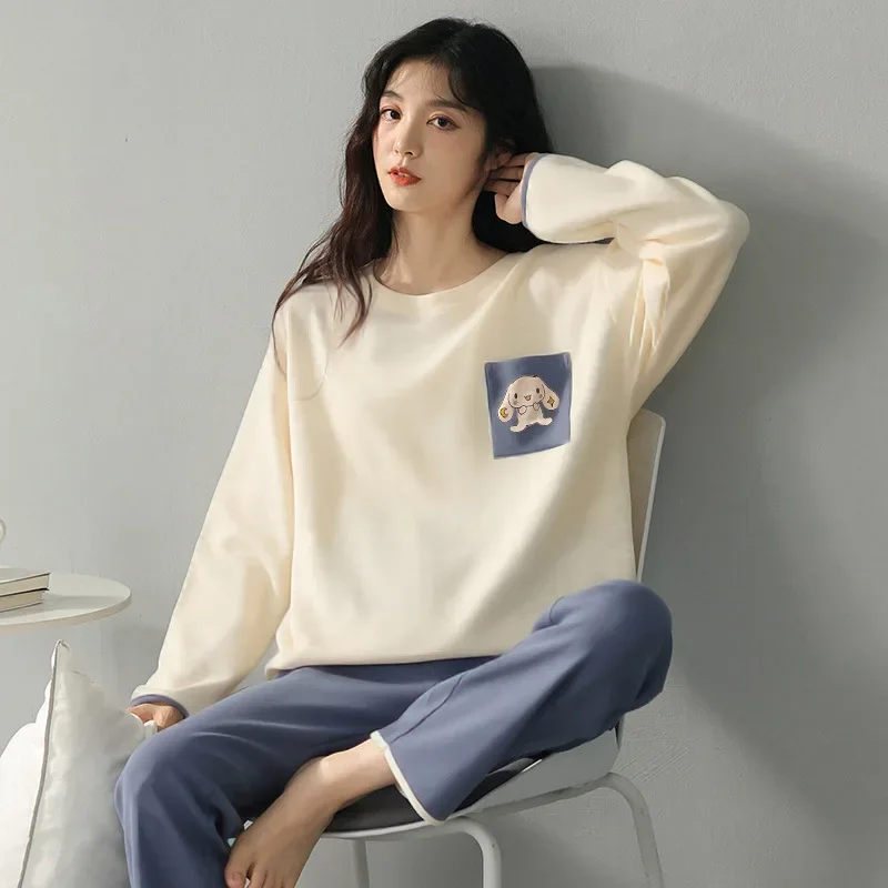 ชุดนอนสาวโปชาคโคฤดูใบไม้ผลิฤดูใบไม้ร่วงลำลองเสื้อแขนยาวกางเกงเสื้อผ้าผู้หญิงหวานการ์ตูนซินนามอนโรลชุดนอนชุด