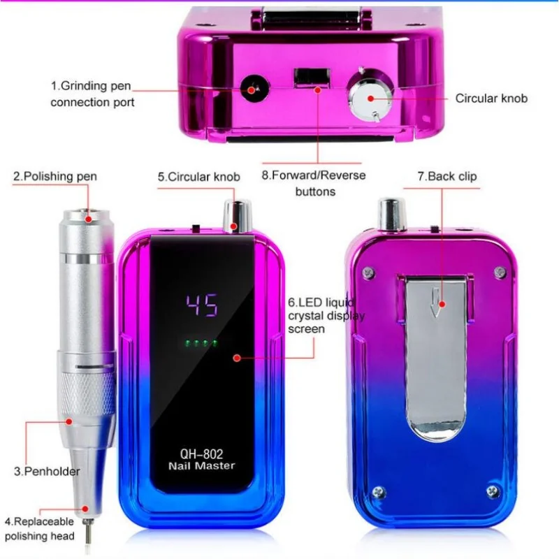 45000RPM ชาร์จไฟฟ้าเล็บเจาะเครื่อง USB Connector Nail Polish Remover เจาะชุดเล็บ Sander เสียงต่ํา