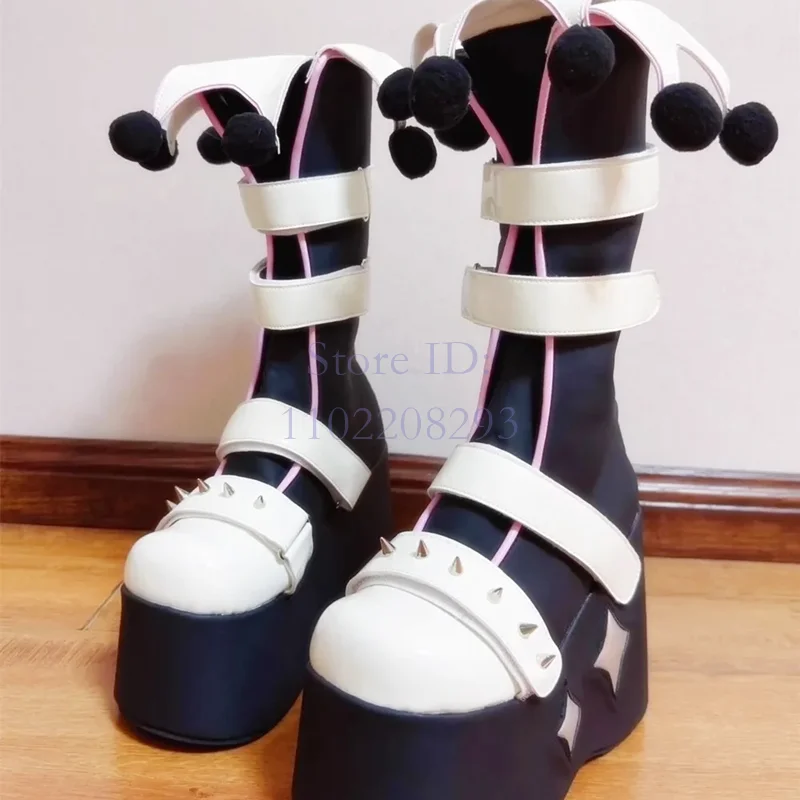 Rivet Cartoon Clown Platform Boots y2k Round Big Head Fur Ball Belt Hoop & loop Mid-calf Boots Women's New Fashion Punk Shoes