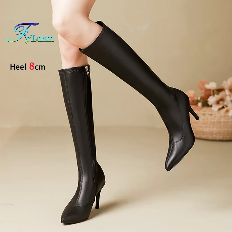 

Сапоги до колена женские бежевые черные модные остроконечные длинные сапоги 6 см 8 см на шпильке из искусственной кожи с лакированной пикантной молнией сбоку танцевальная обувь для ночного клуба