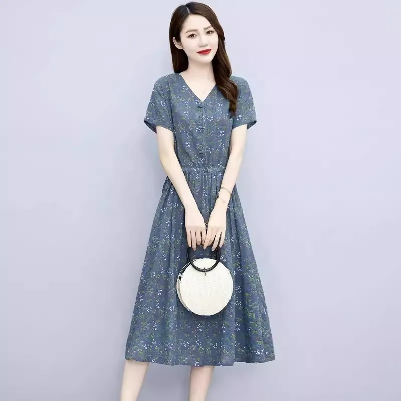 

Medium To Long Cotton And Linen Dress 2024 Summer New Collection Waist Cinching Temperament Mom Floral Skirt A-line Skirt