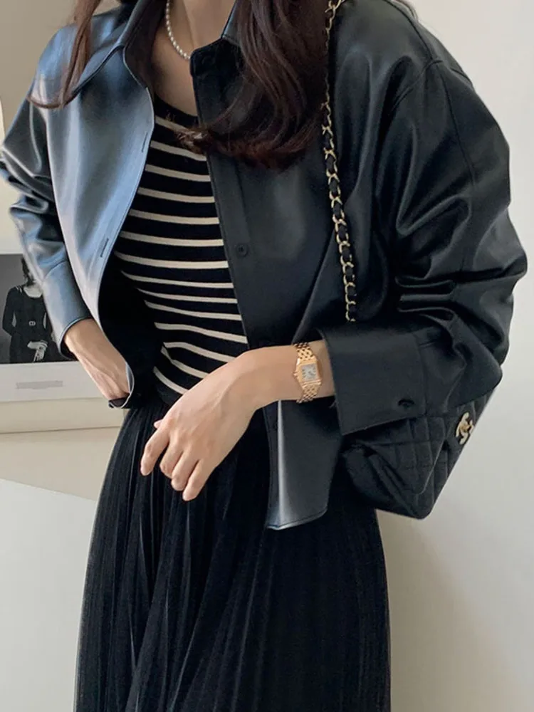 

Black Thin PU Leather Jacket For Women Long Sleeve Loose Zipper Jackets Coat Autumn New Korea Chic Tide Clothes X680