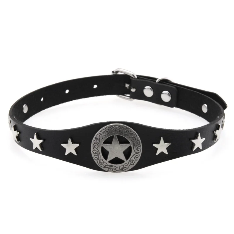 Decopunk القوطية Harajuku الشرير بسيط الفردية ملحق بولي Leather الجلود الخماسية نجمة سبيكة قلادة المختنق سلسلة الترقوة #3