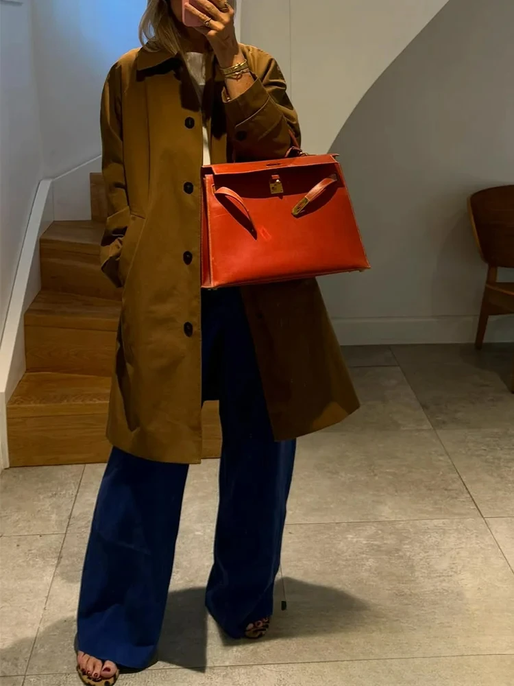 

KONDALA повседневные шикарные женские куртки, однобортное однобортное длинное пальто с отложным воротником и длинными рукавами, модное осеннее прямое пальто 2025 года