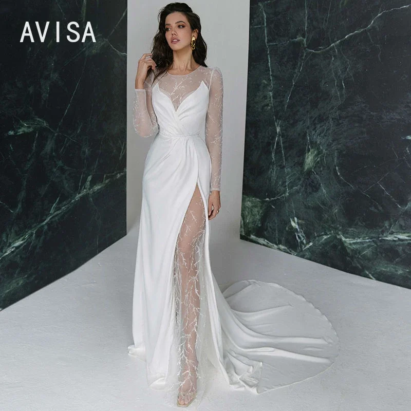 Eenvoudige Trouwjurken 2024 O-hals Bruidsjurken Knoopsluiting A-Lijn Pofmouwen Robe De Mariage Vestido De Novia Floor-Length