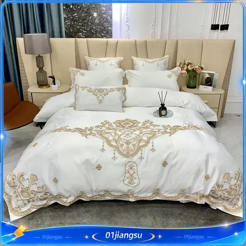 Luxury White Satin Cotton Bedding Set Golden Embroidery Duvet Cover Fitted Sheet Pillowcases Solid Color Home Textile