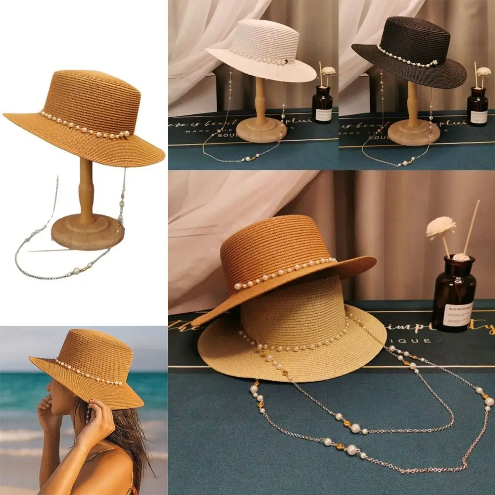 

with Seashell Beaded Chain Straw Hat Sun Protection Foldable Straw Sun Visors Large Brim UPF 50+ Sun Cap Women Girls