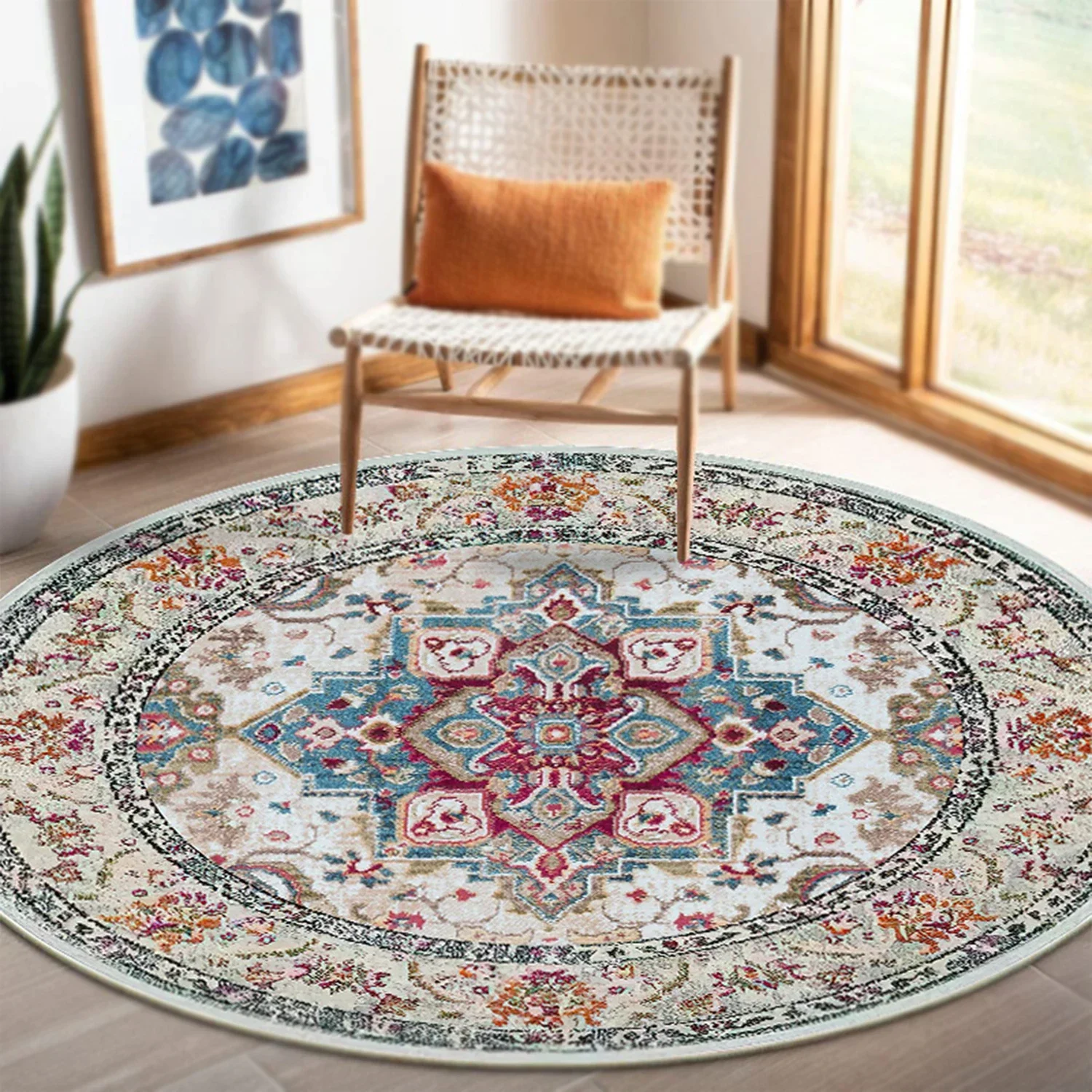 Washable Round Rugs 4ft Round Area Rug Non Slip Circle Rugs,Doormat for Living Room Dinning Room Bedroom Kitchen Nursery Indoor