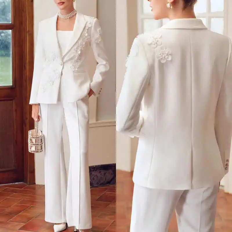 

Elegant Women's Suits Peaked Lapel Long Sleeve Pant Sets 3D Flowers Office Ladies Work Plus Size Customized 2 Pieces Outfits