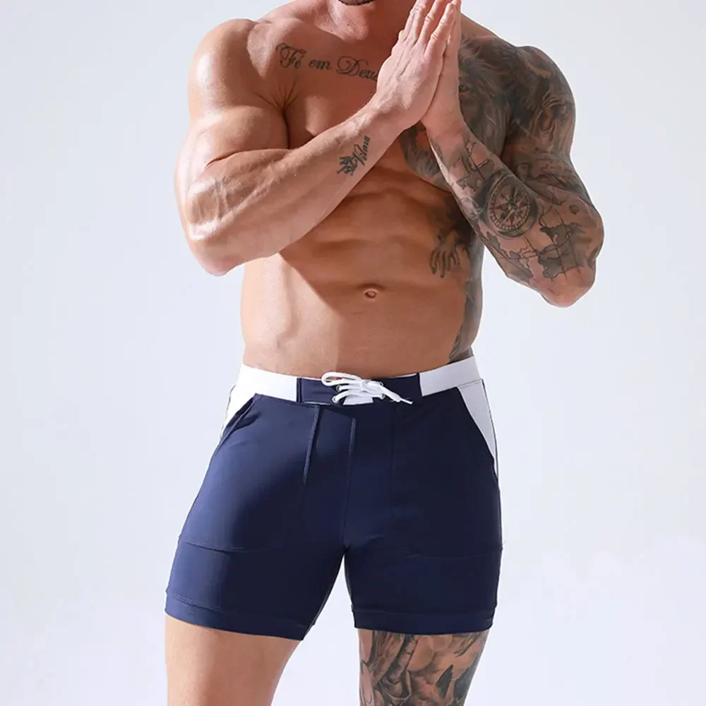 Men Swimwear Swimsuits Solid Basic Long Swim Boxer Trunks Surf Board Shorts Beach Sports Bathing Suit Boardshorts with Pockets