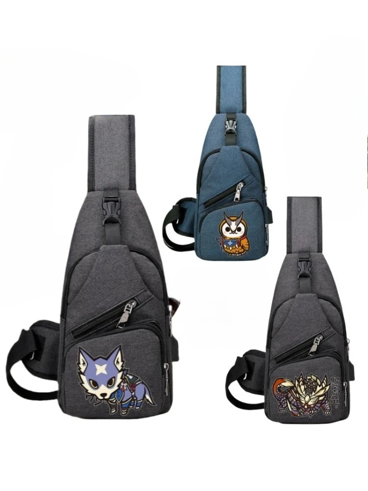 Nouveau Monster Hunter Wilds Alma Felyne Gaming Merchandise Sac de poitrine à la mode, sac à bandoulière décontracté et polyvalent pour garçons