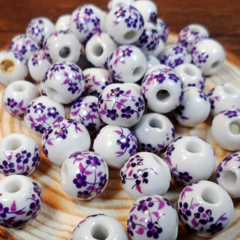 50Pcs Round Ceramic Spacer Beads 10mm Large Hole Handmade Porcelain Loose Bead Diy Jewelry Bracelets Necklace Charm Supplies