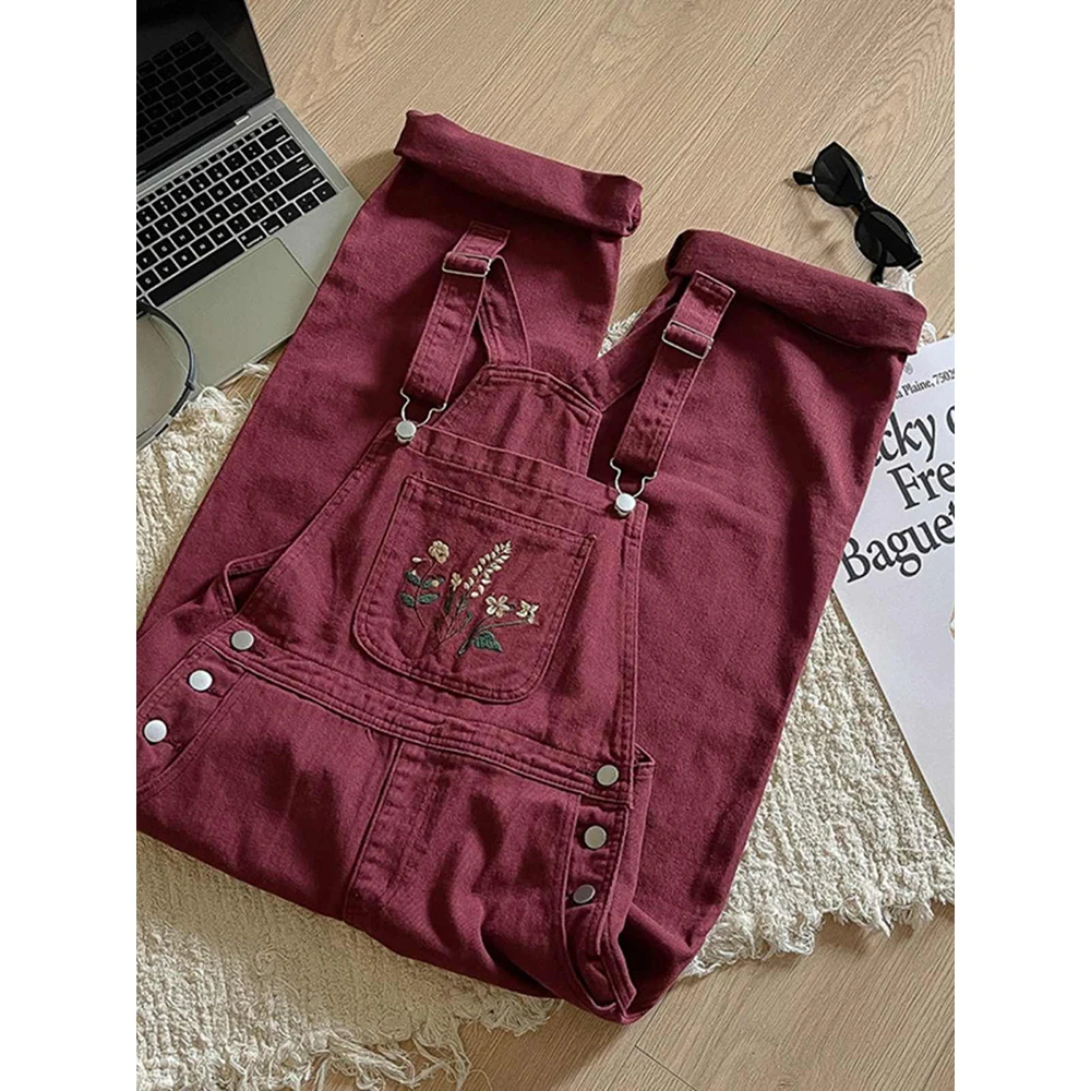 

Trendy Burgundy Denim Pants Overalls Women Embroidery Floral Suspender Trousers High Waist Loose Wide Leg Pants Jumpsuit Jeans