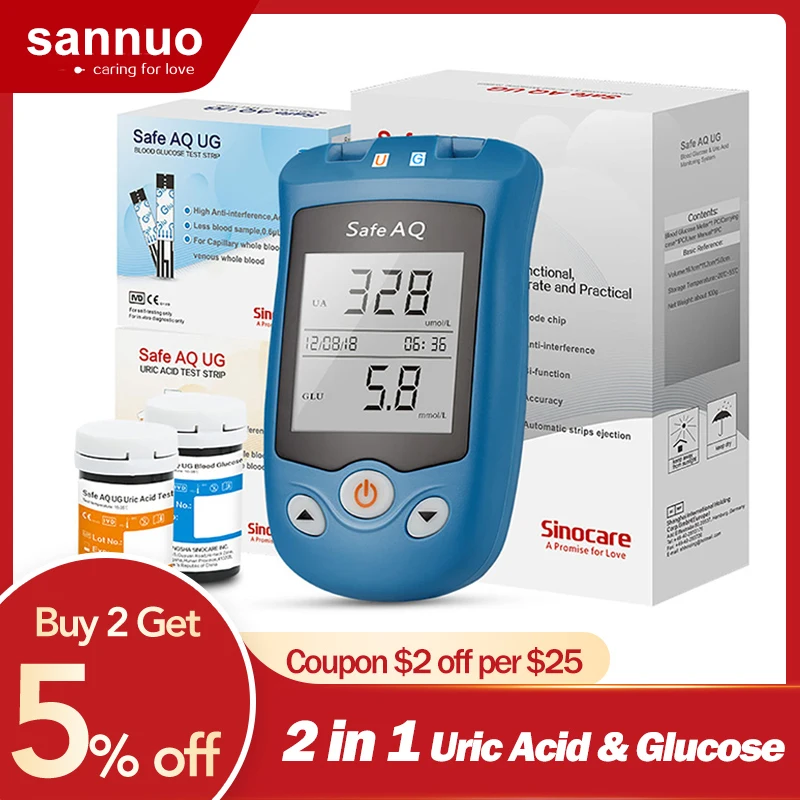 

SINOCARE 2 IN 1 Safe AQ UG Uric Acid & Blood Glucose Meter with U trips G trips Rapid Use Testing for Gout Patients