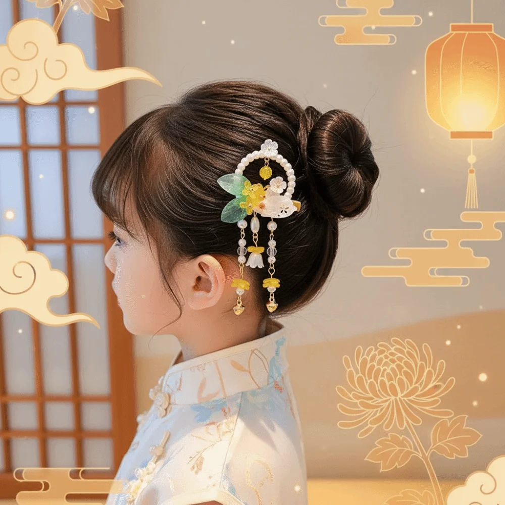 1 Pair Long Ribbon Hanfu Hair Clip Handmade Flower Metal Duckbill Clip Rabbit Tassel Hairpin Flowing Tassel Traditional Vintage