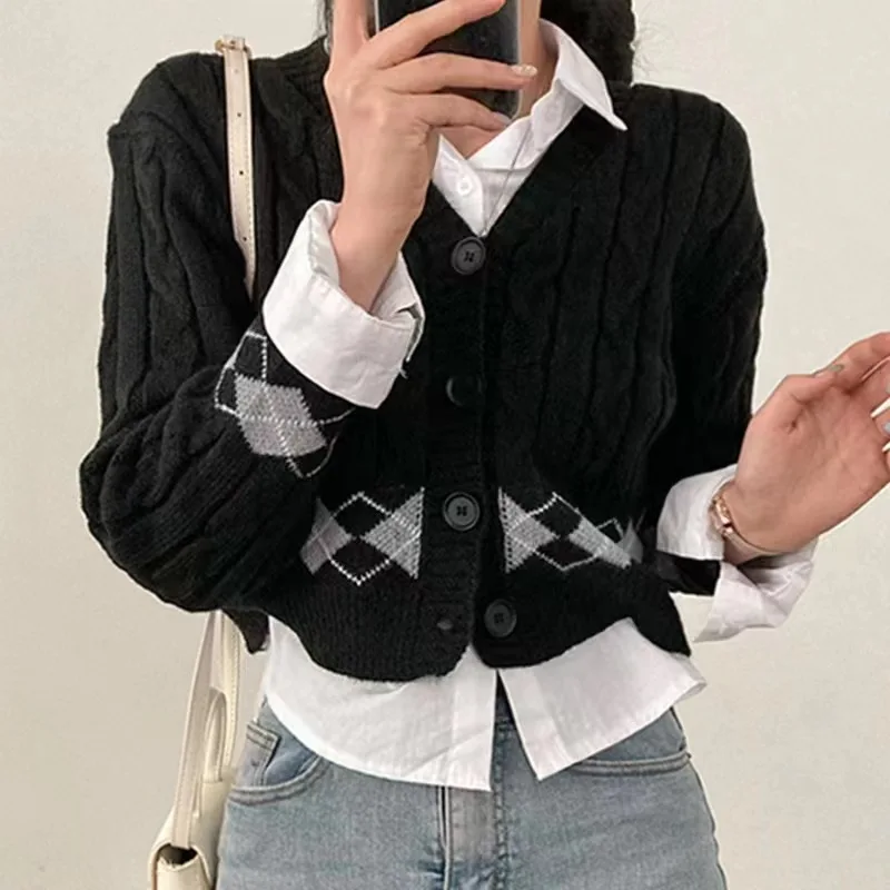 

Varsity Argyle Cardigan Sweater Women Long Sleeve Button-up V-neck Cable Knit Crop Cardigan High School Teen-girl Preppy Outfit