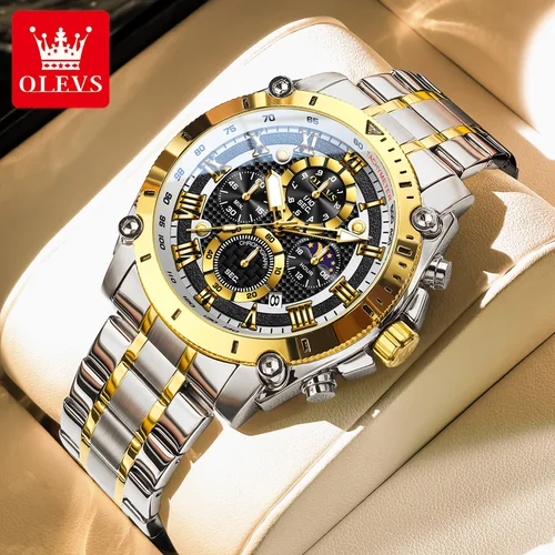 OLEVS 3689 Reloj de cuarzo para hombre, reloj luminoso multifuncional con fecha y fase lunar, reloj de mano deportivo para hombre