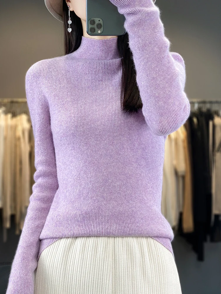 Women 100% merino Wool Sweater Autumn Winter Fashion Pile Collar Pullover Cashmere Knitwear Casual Long-sleeved Bottoming Tops