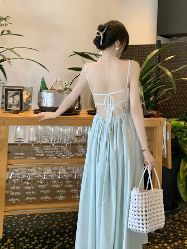 Beach Vacation Style Dress Fairy Sweet and Fashionable Summer Sexy Open Back Lace up Dress French Style Beach Long Dress OXC7